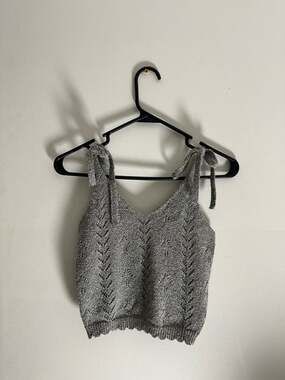 Mustard Seed Grey Pointelle Knit Tie-Strap Crop Top Size M